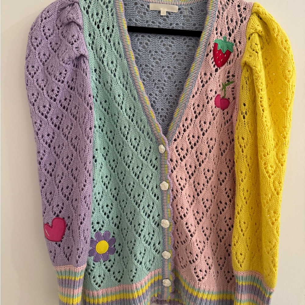 Sweet, Bright, Playful LoveShackFancy Pastel Patchwork Crochet Cardigan - Picture 3 of 9
